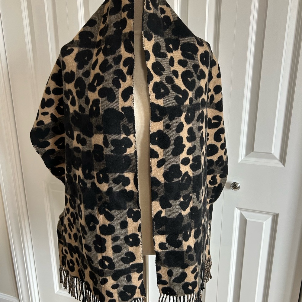 Burberry Leopard Print Fringe Shawl Coatigan; 50% cashmere and 50% wool